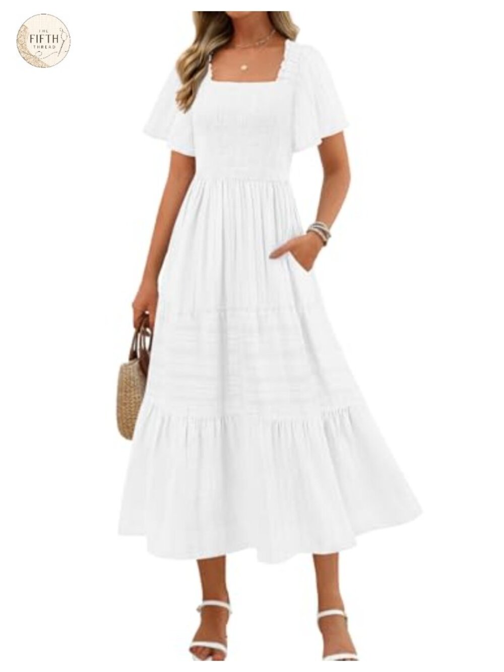 Women's Cotton Linen Midi Dress Square Neck Short Sleeve Boho Ruffle Tiered